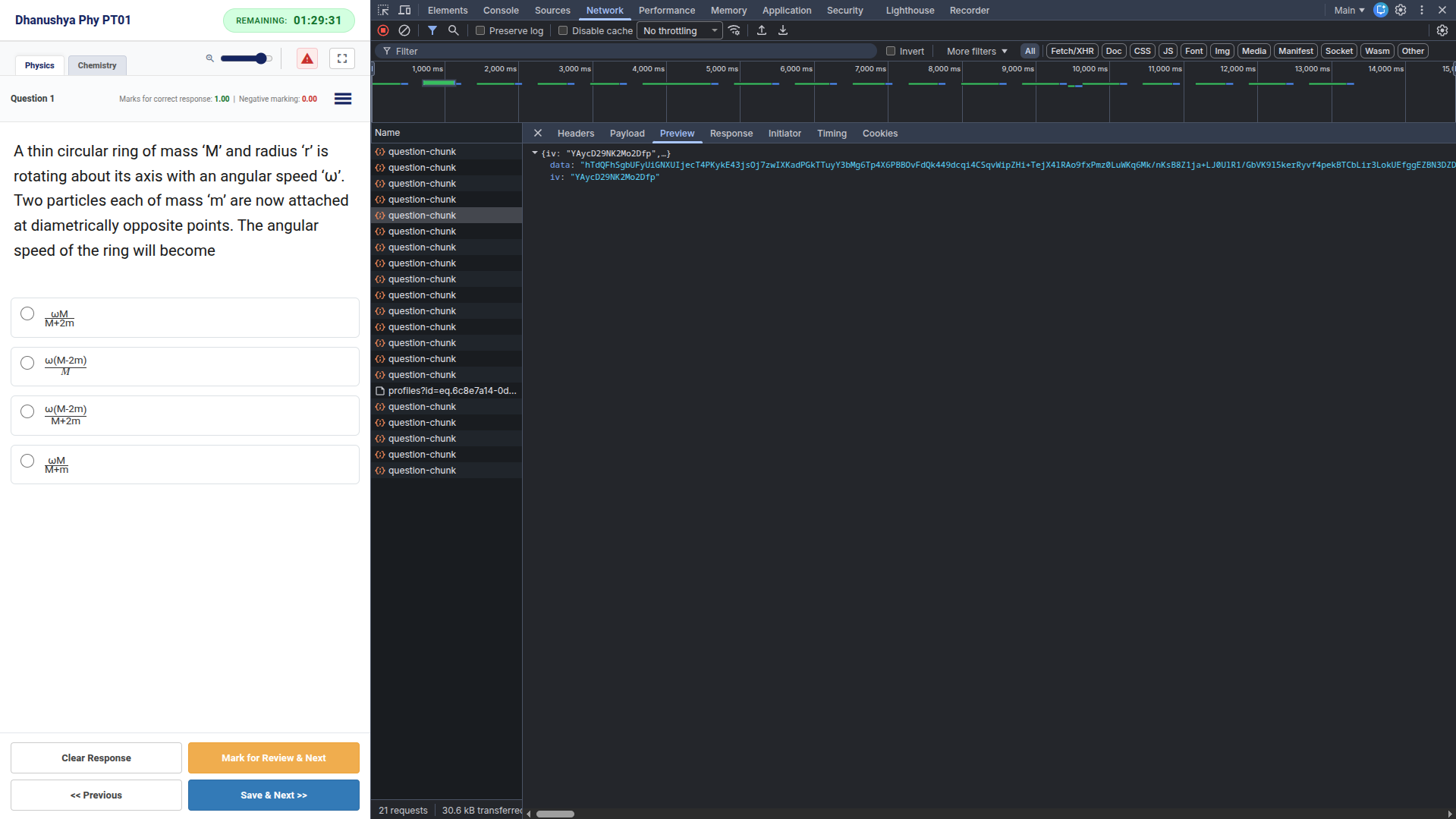 Network tab showing how exam questions are securely delivered to the browser
