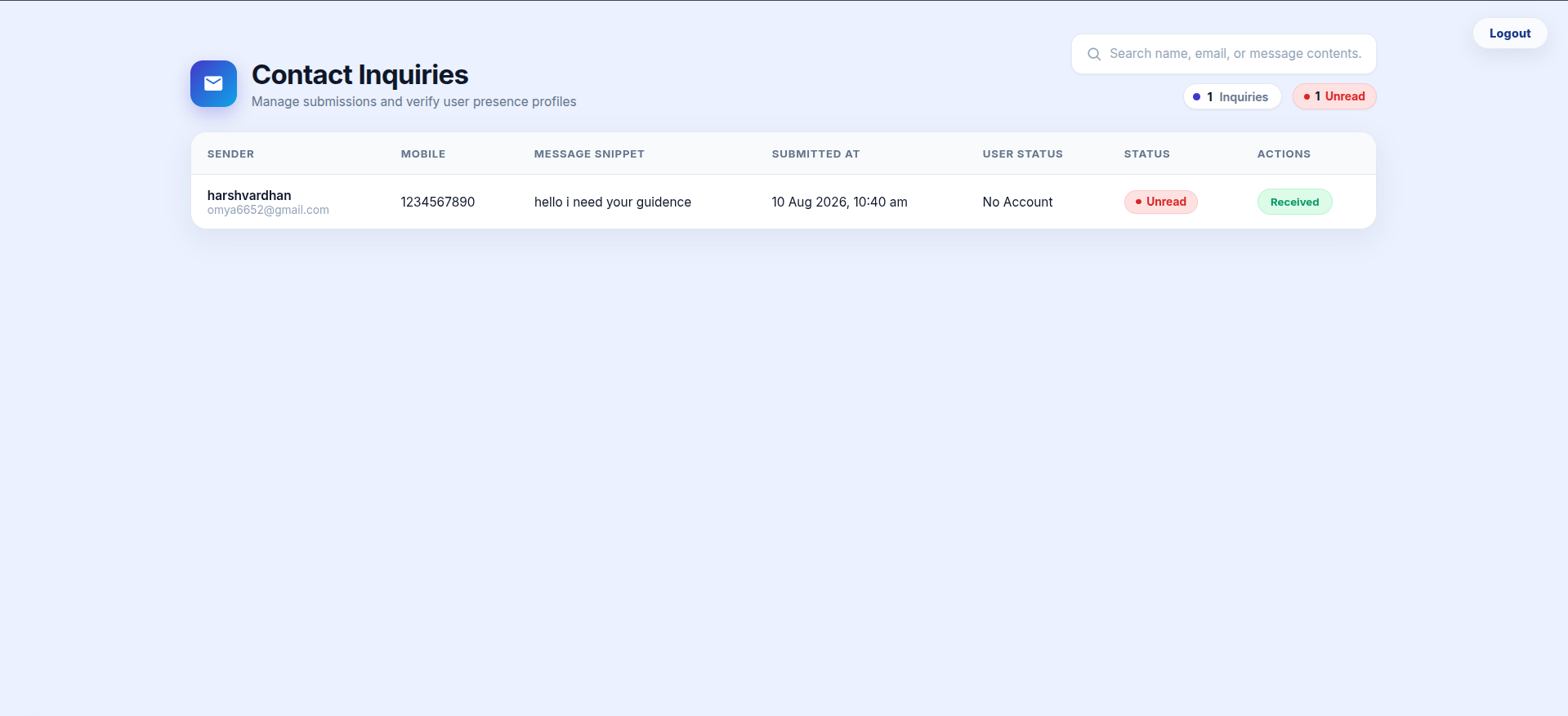 Admin panel showing student contact requests