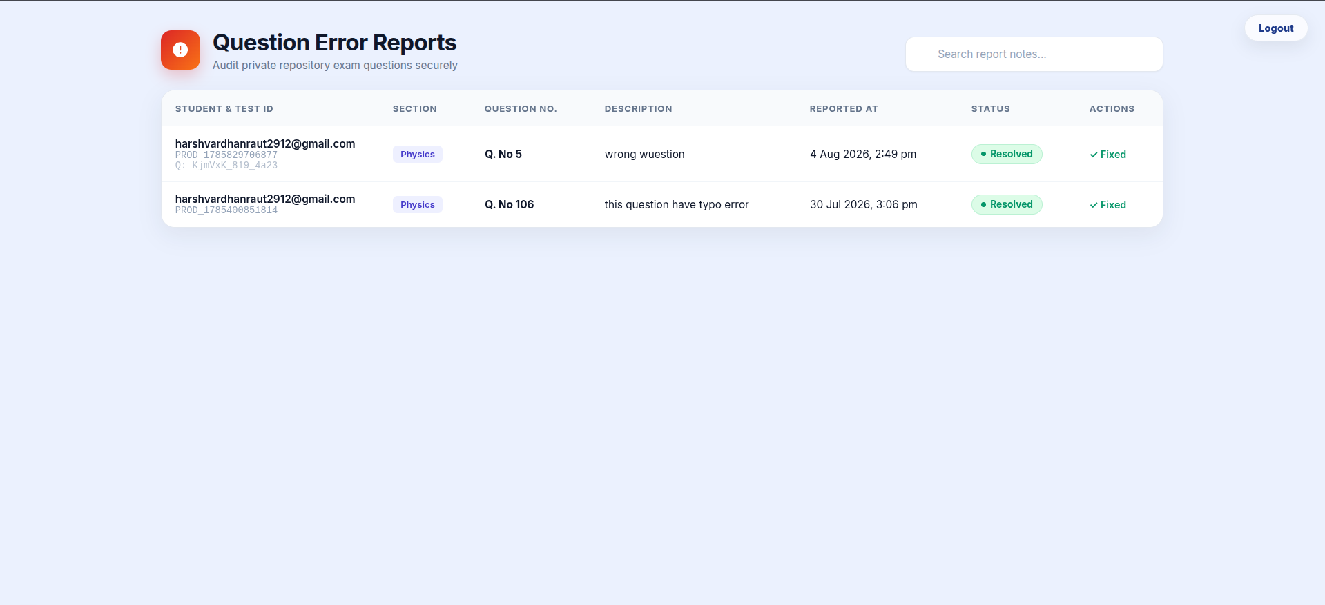 Admin panel showing error reports and bonus question marking