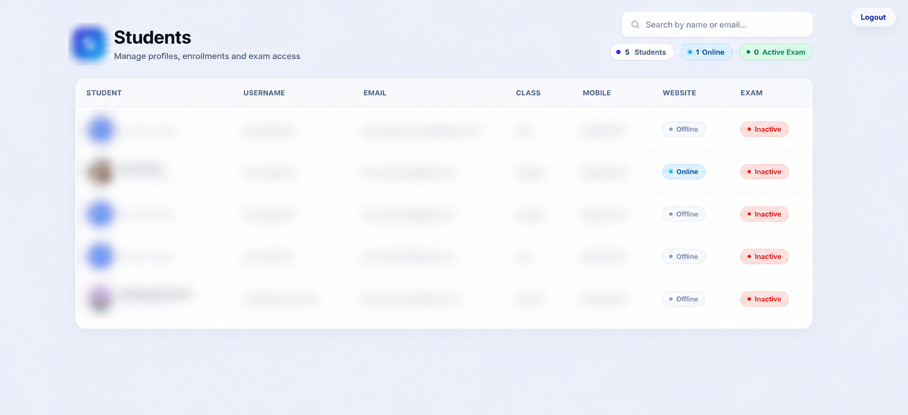 Admin dashboard showing student list and progress