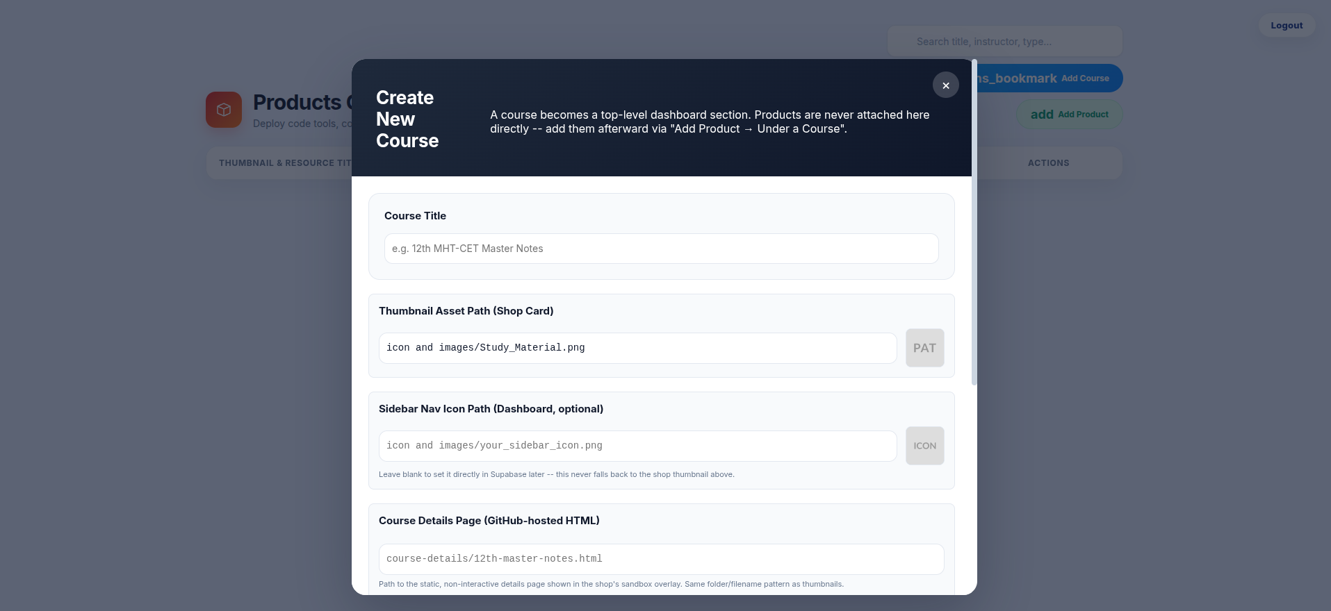 Course creation interface for admins